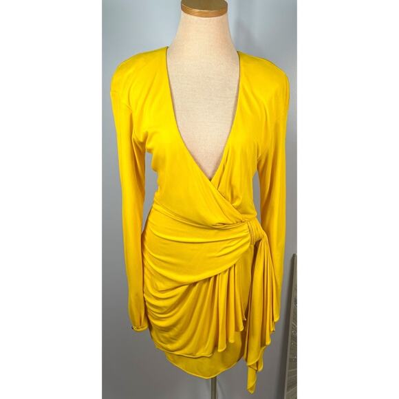 Dundas Yellow Beau Faux Wrap Long Sleeve Plunging V Neck Mini Dress Size 2 - Picture 5 of 13
